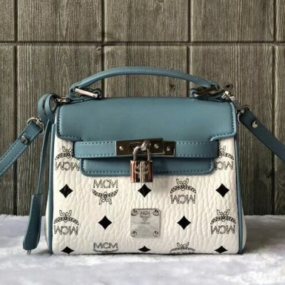 MCM Visetos Leather Tote Shoulder Bag,18.5cm - 엠씨엠 여성용 비세토스 레더 토트 숄더백 MCMB0048, 18.5cm,화이트+블루