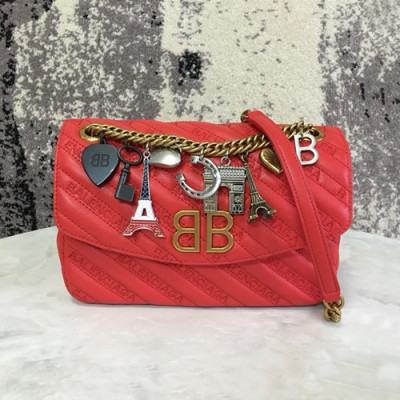[유니크& 트랜디한 백]Balenciaga 2019 BB Round Leather Chain Shoulder Bag,22CM - 발렌시아가 2019 BB 라운드 레더 체인 숄더백,BGB0250,22CM,레드(옐로우골드),레드(실버)
