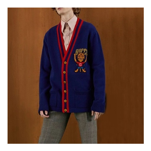 구찌 남/녀 브이넥 블루 가디건 - Gucci Unisex Blue Cardigan - guc05299x