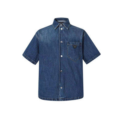 프라다 남성 블루 반팔 데님 셔츠 - Prada  Mens Blue Shirts - prc876x