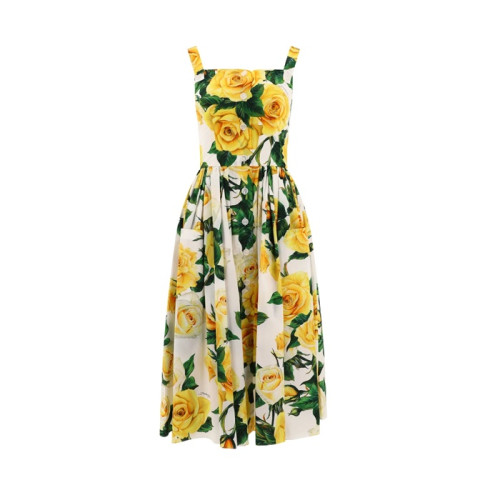 돌체앤가바나 여성 로즈 프린트 플리츠 코튼 미디 드레스 - Dolce&Gabbana Womens Rose Print Pleated Cotton Midi Dress - doc14272x